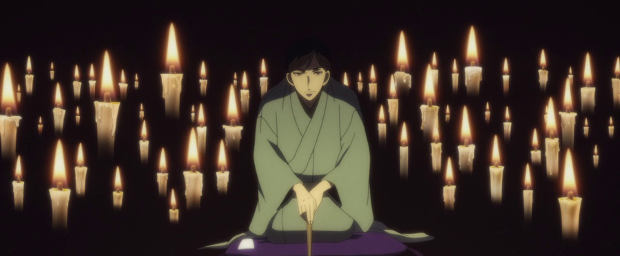 kadr z anime Showa Genroku Rakugo Shinju: Kikuhiko opowiada shinigami